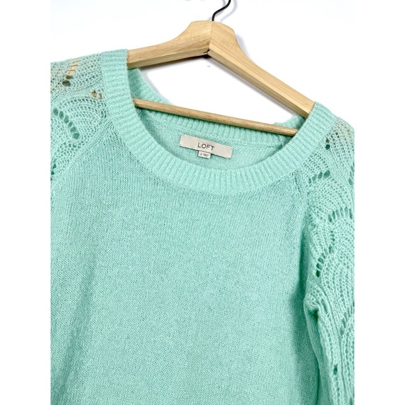 Ann Taylor LOFT‎ Sweater Womens Small Pullover Long Sleeve Green Crochet Sleeves - Picture 3 of 9